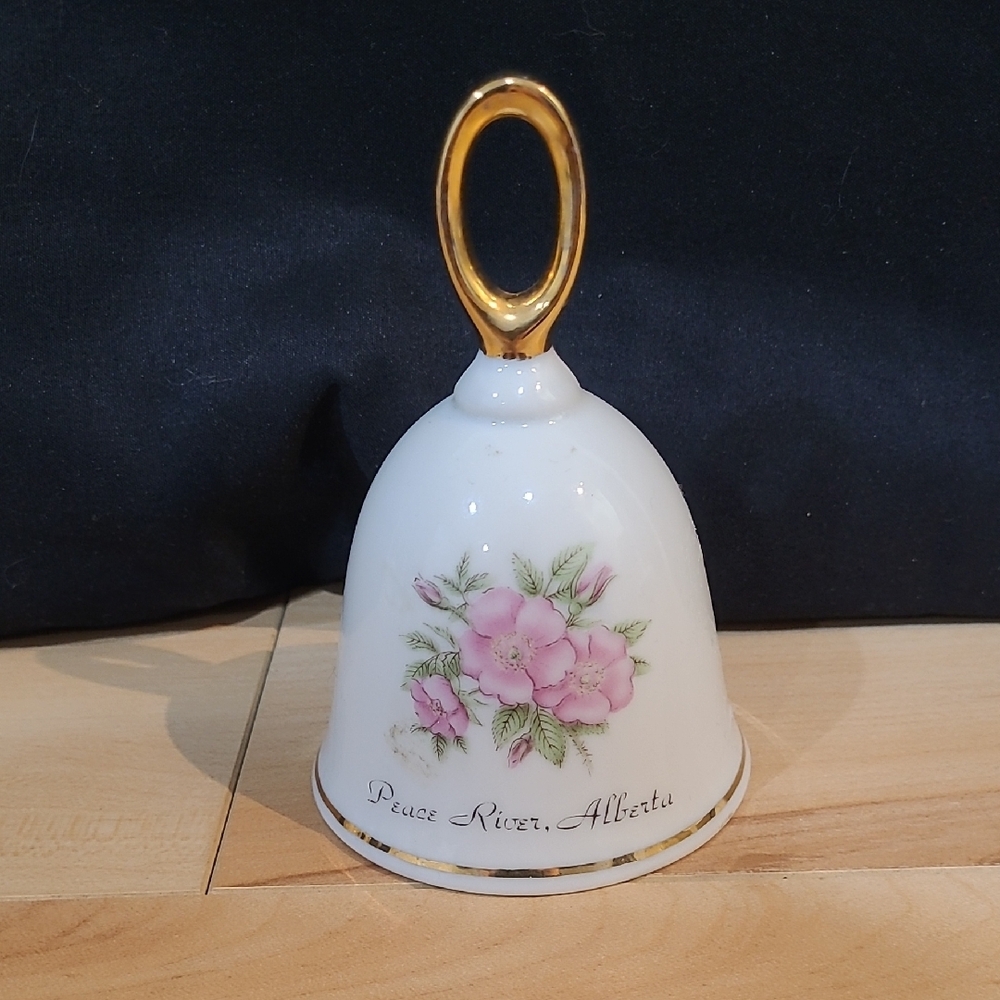 Floral Peace River, Alberta Souvenir Bell with Gold Handle